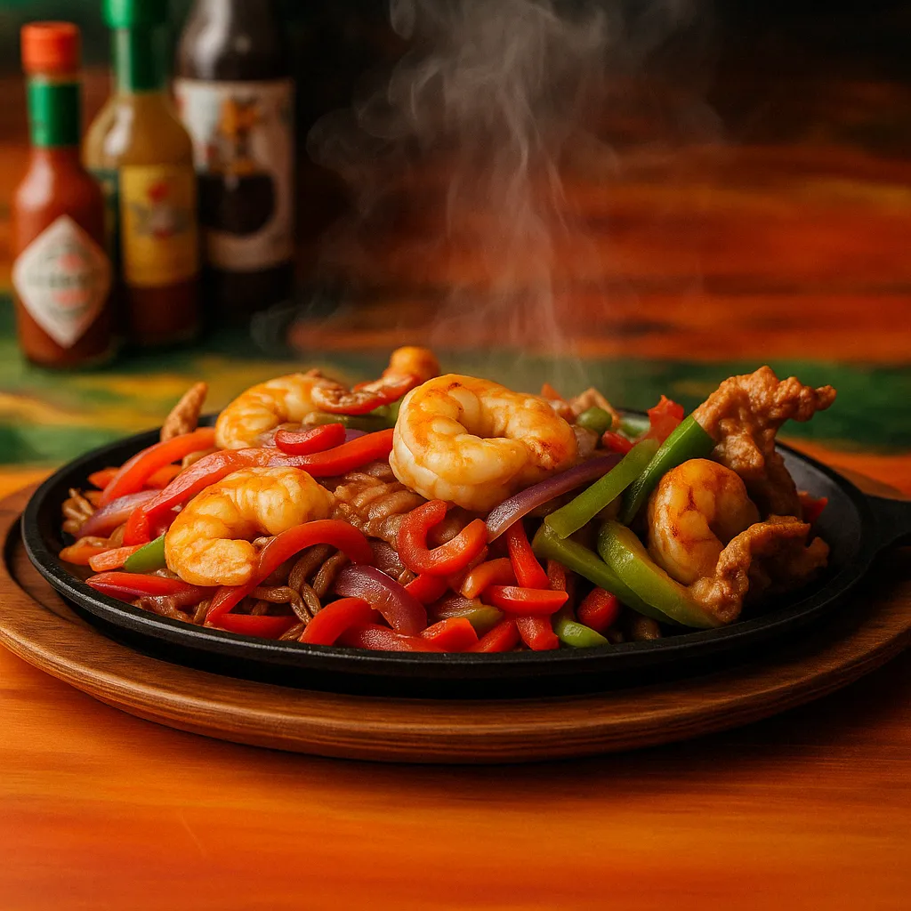Fajitas served sizzling hot on a cast-iron skillet