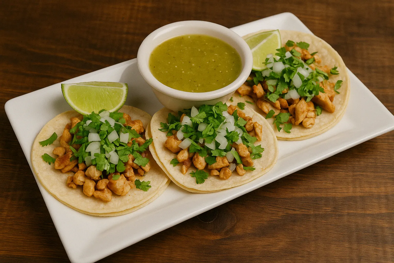 Three grilled chicken street tacos on corn tortillas